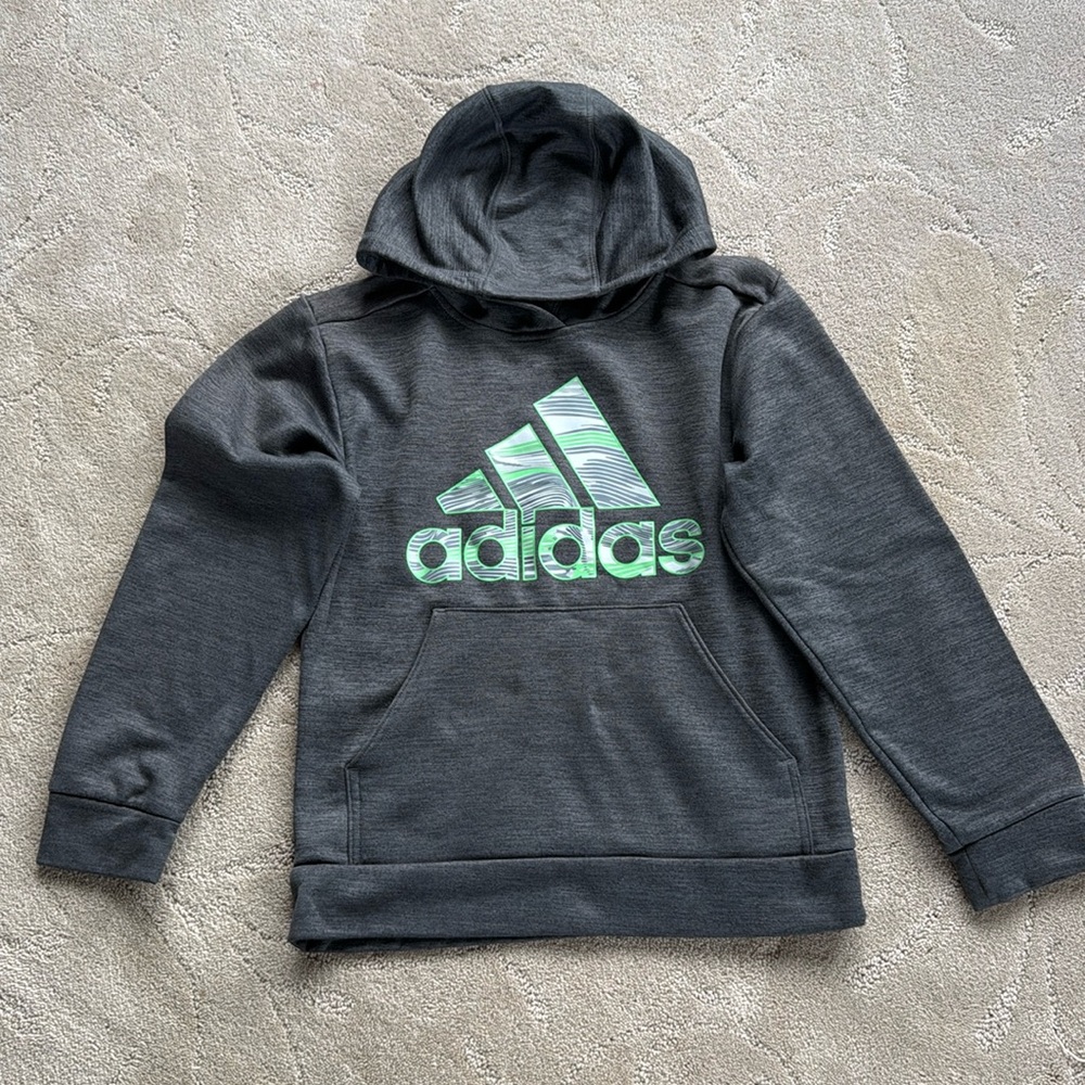 Adidas Gray & Green Logo Pullover Hoodie, Size M 10-12